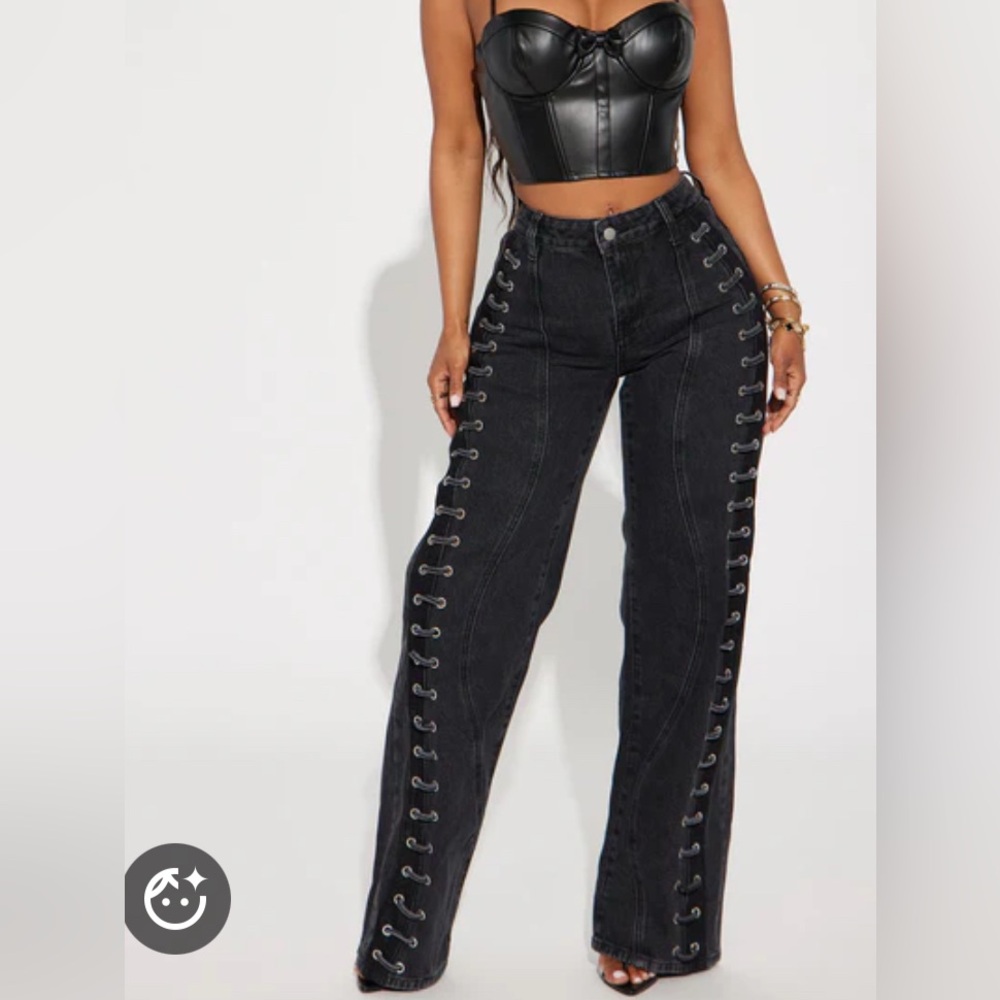 Fashion Nova Black High-Waist Lace-Up Wide Leg Jeans